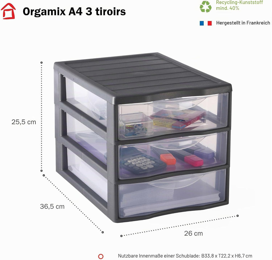 SUNDIS Orgamix, 2er-set schubladenboxen aus Kunststoff, 3 transparente Schubladen für A4-Papier, Höh