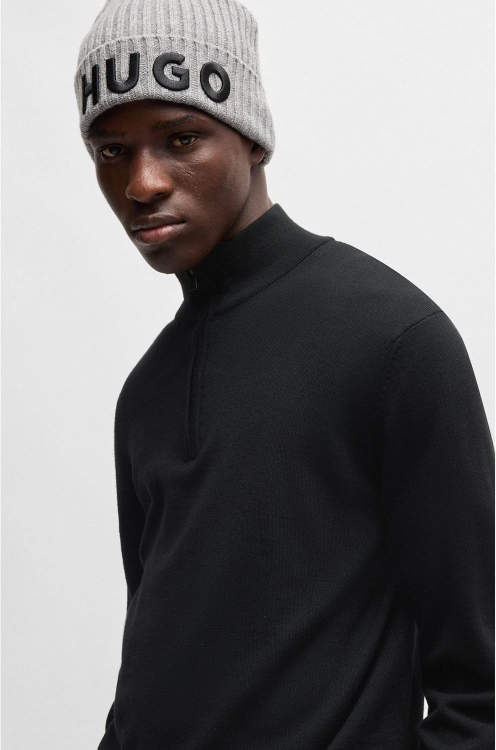 HUGO Herren San Quirin-M Regular-Fit Pullover aus Schurwolle mit Reissverschluss am Kragen, L Black1