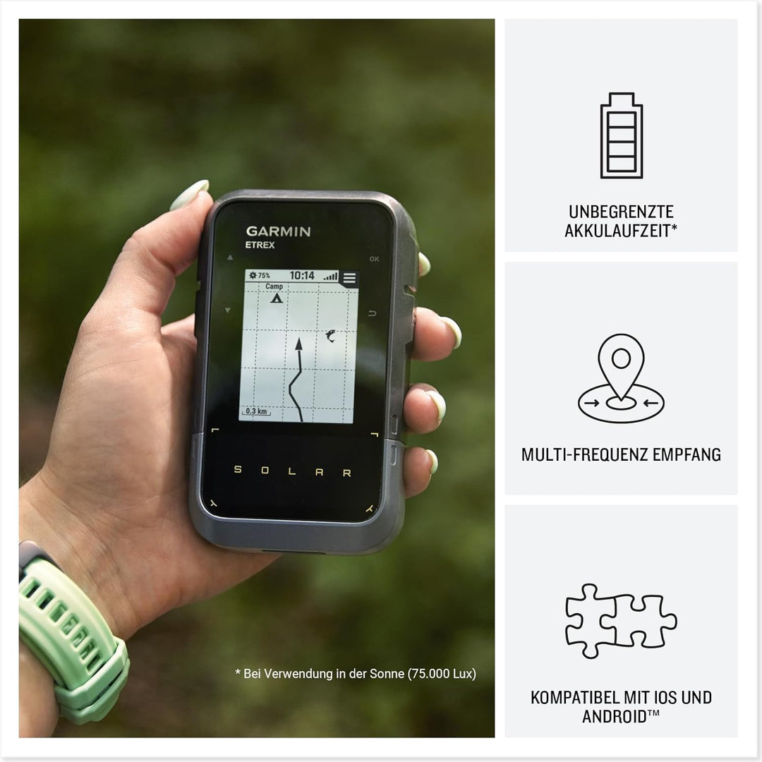 eTrex Solar GPS-Handgerät mit Solarladung, 2,2" Display - Kompass, Tracback, Geocaching Modus, Multi