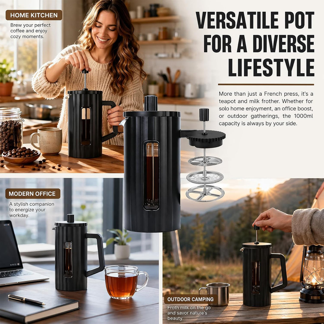 French Press Kaffeepresse 1000ml/34oz, Kaffeezubereiter aus heissfestem Glas mit Edelstahlfilter, BP