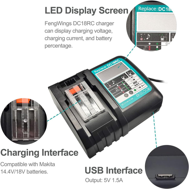 FengWings® 2X BL1850 BL1850B Akku 18V 5,0Ah mit Ladegerät DC18RC Ersetzen für Makita Radio BMR100 BM