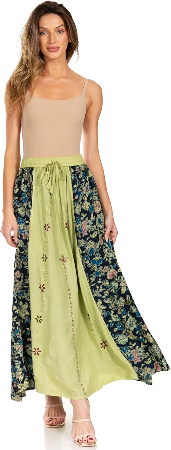 Sakkas Maran Frauen Boho Stickerei Rock mit elastischer Taille und Taschen Einheitsgrösse Olive, Ein
