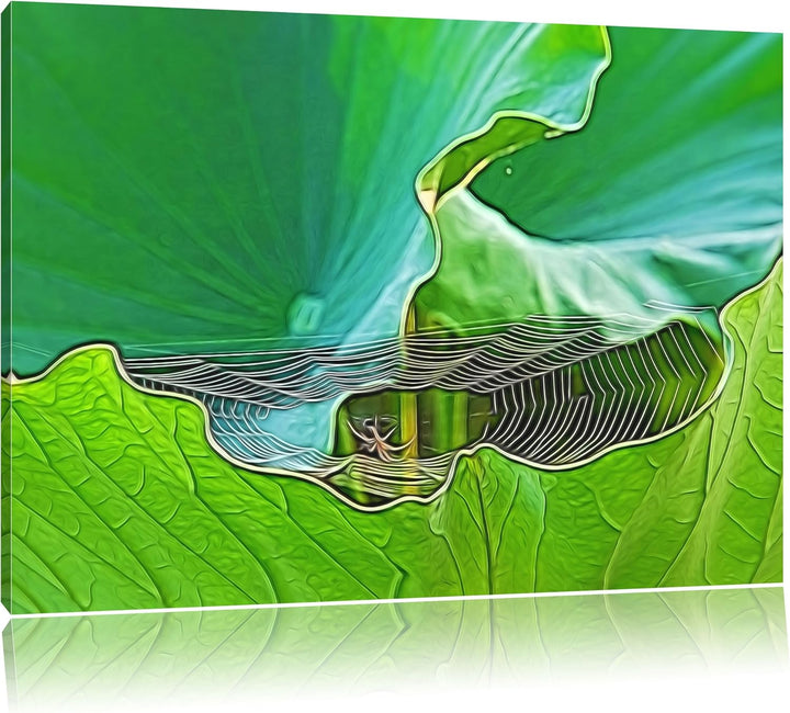 kleines Spinnennetz zwischen grossen Blättern NewArt Format: 100x70 cm auf Leinwand, XXL riesige Bil