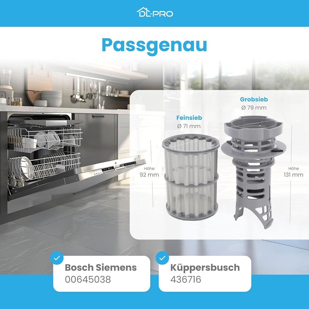 DL-pro Filter Grobsieb + Mikrofilter für Bosch Siemens 00645038 645038 Zweiteilig Feinsieb Schmutzsi