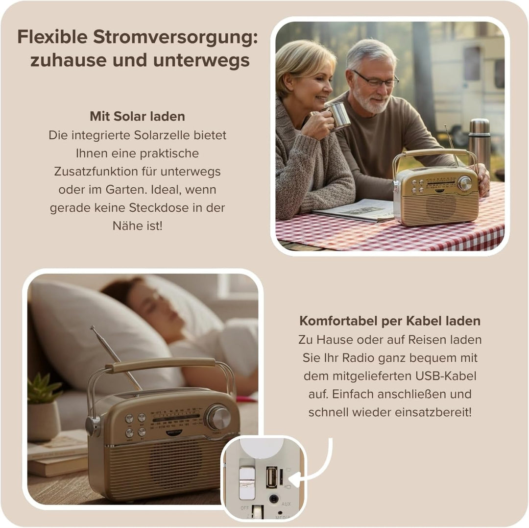 3 PAGEN® tragbares Solar-Radio Retrodesign – Solar- & Akkubetrieb – vielseitige Wiedergabeoptionen –