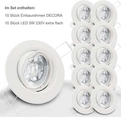 trendlights24 Decora Decken Einbaustrahler flach 35 mm 230V 10er Set - LED Spots je 5W Warmweiss 400