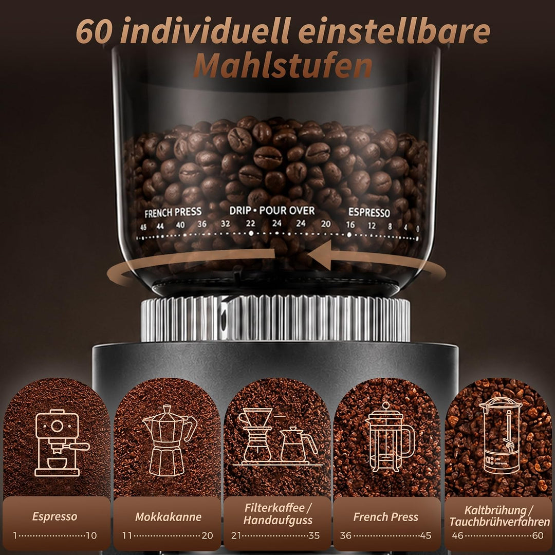 Elektrische Kaffeemühle, 60 Mahlgrade, 48 mm Kegelmahlwerk, Kaffeebohnenmühle mit Siebträgerhalterun