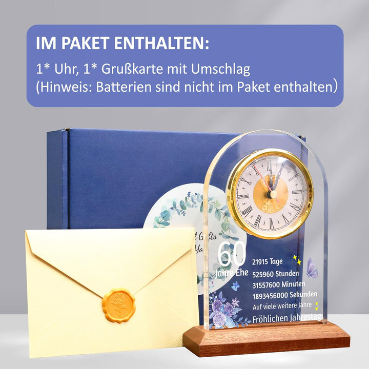 OkiyiD 60. Jahrestag Hochzeit Geschenk, Jahrestag Quarzuhr, Schreibtisch Tisch Uhr, 60 Jahre Ehe, Di