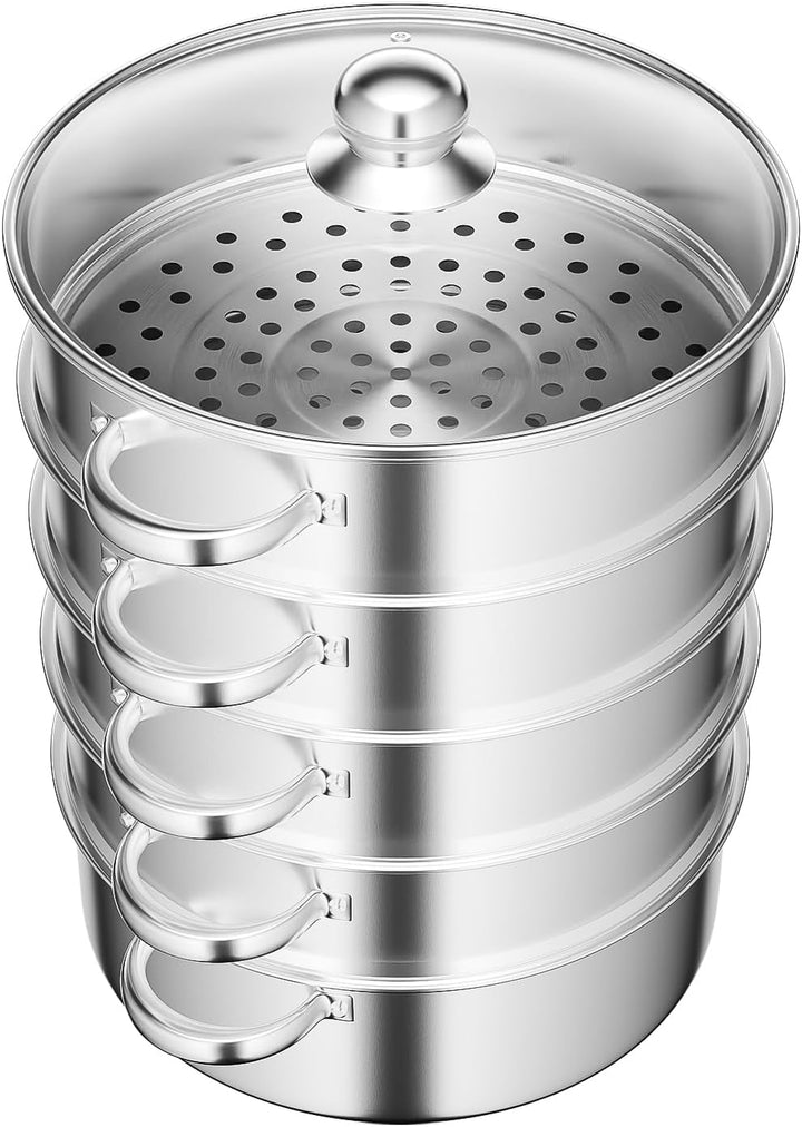 WooDerson 5 Kochtopf Set, Topf Edelstahl Dampftopf mit Glasabdeckung DäMpfer Kochtopf Set, Silbrig D