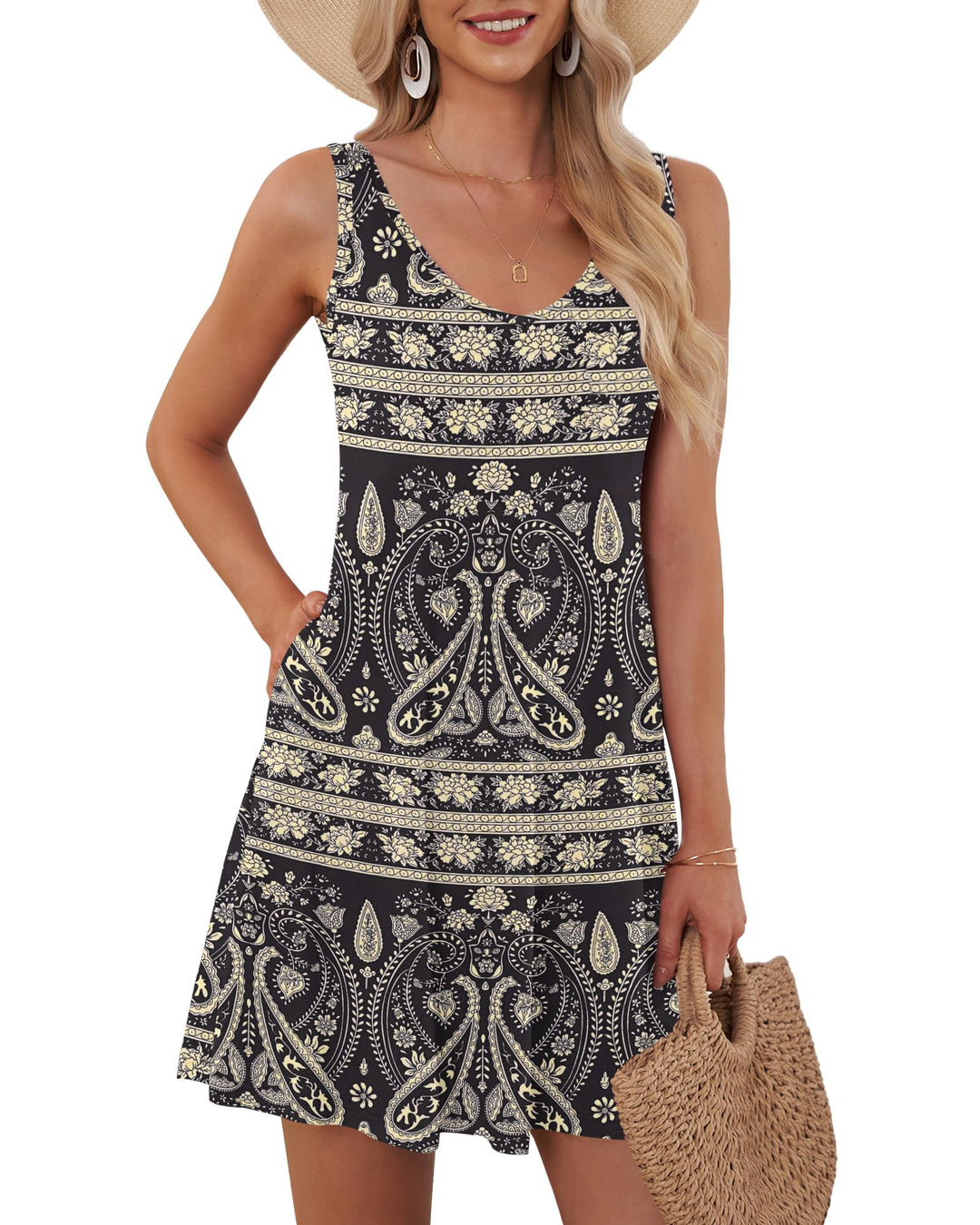 AUSELILY Sommerkleid Damen Ärmellose Strandkleid Leicht Swing Kleid V Ausschnitt Mini Kleid | kleid