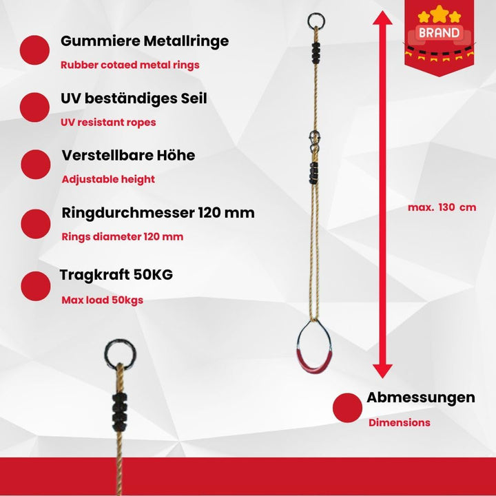 Turnringe Set für Kinder Schaukelringe Seillänge ca. 130 cm verstellbar Traglast 50 Kg. Qualität von