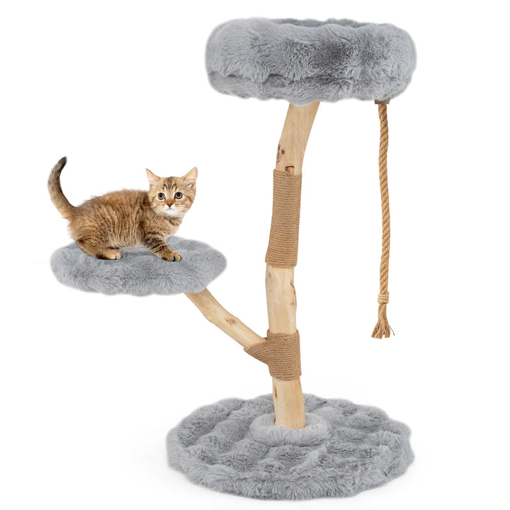 COSTWAY 90 cm Kratzbaum Holz, Katzenbaum mit 3 Plüschsitzflächen, Seil & Kratzpfosten aus Jute, Katz