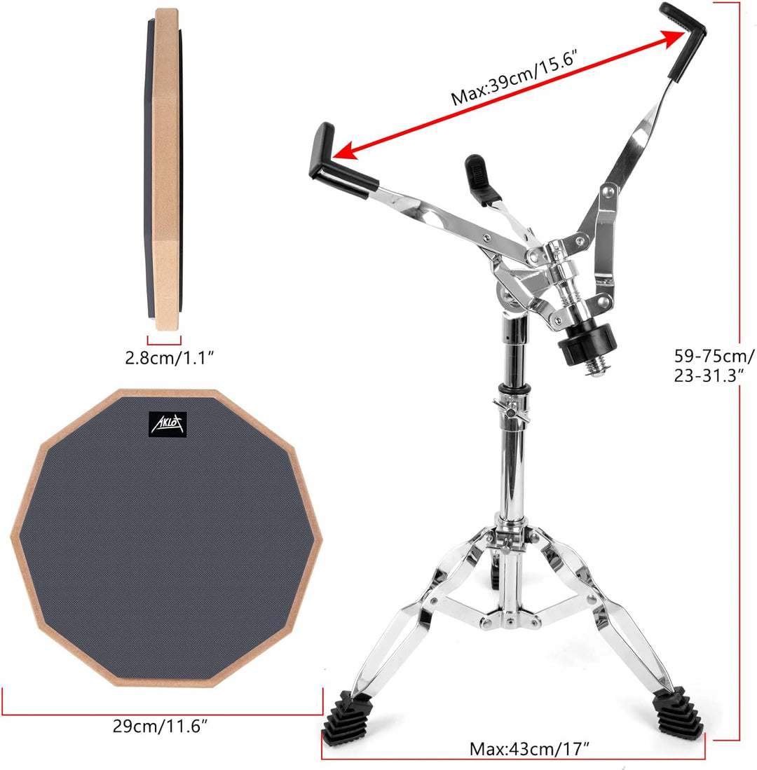 Drum Practice Pad Set AKLOT 12" Kieselgel Übungspad mit Snare Ständer Rucksack Drumsticks für erwach