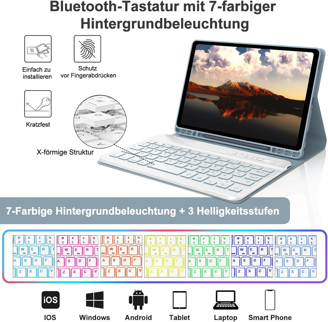 Hülle mit Tastatur für Samsung Galaxy Tab A9 8.7'' 2023, 7 Farben Beleuchtung, QWERTZ Deutsches, Mag