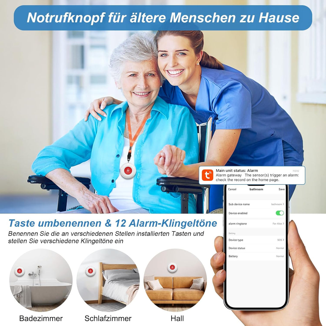 ChunHee Senioren Notruf Tuya WiFi Smart Notrufklingel Alert System für ältere Patienten Behinderte,K