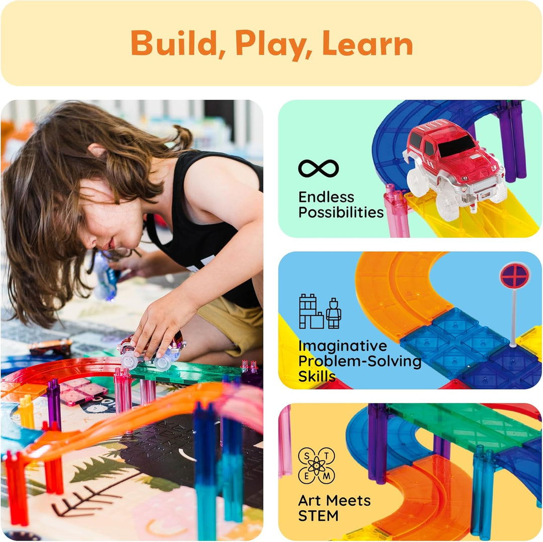 PicassoTiles 100 PCs Race Car Track Set Magnetic Toy Building Block with 2 LED Cars with Height Adju