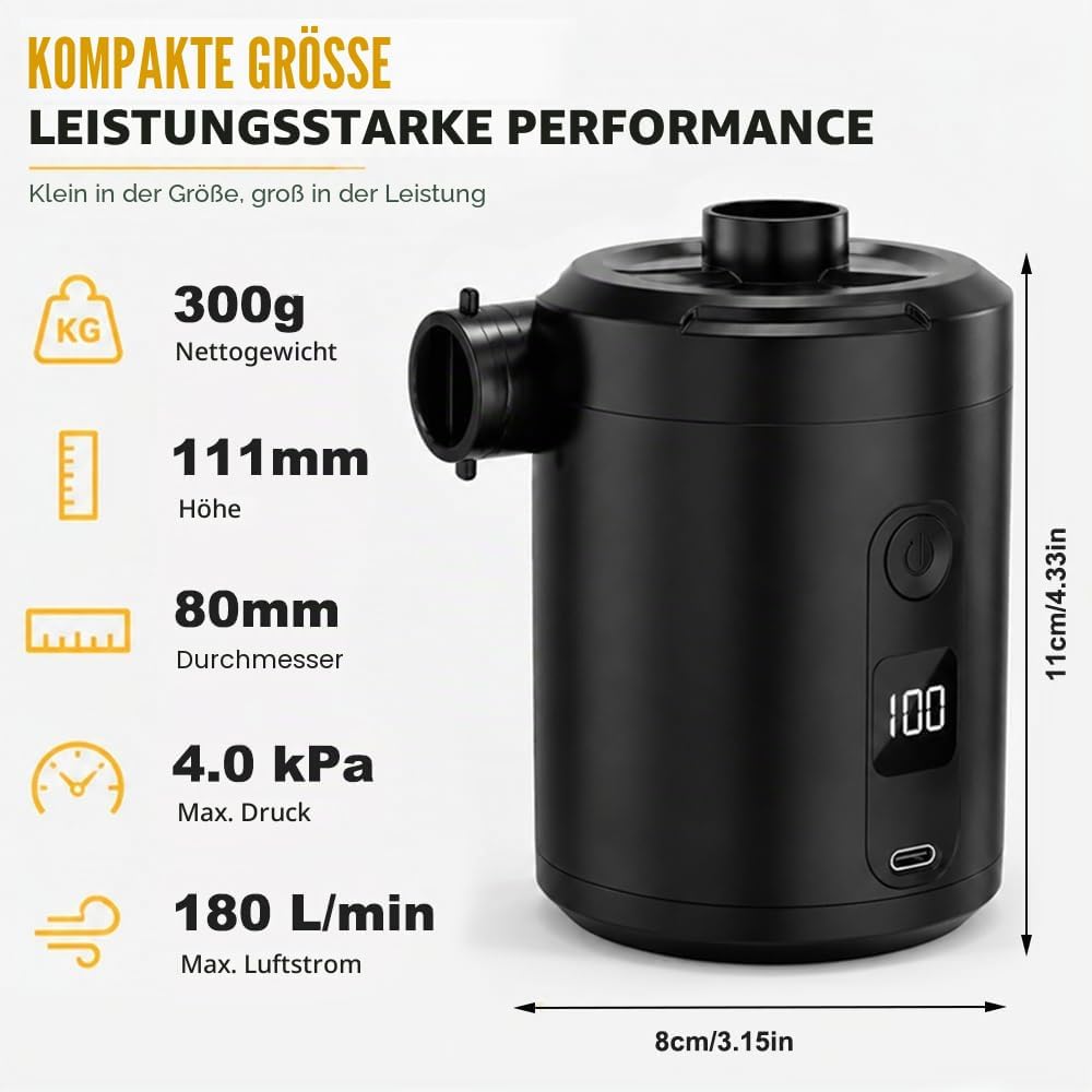 Elektrische Luftpumpe, 5200mAh Akku Luftpumpe mit 4 Luftdüsen, Wiederaufladbare Luftpumpe Elektrisch