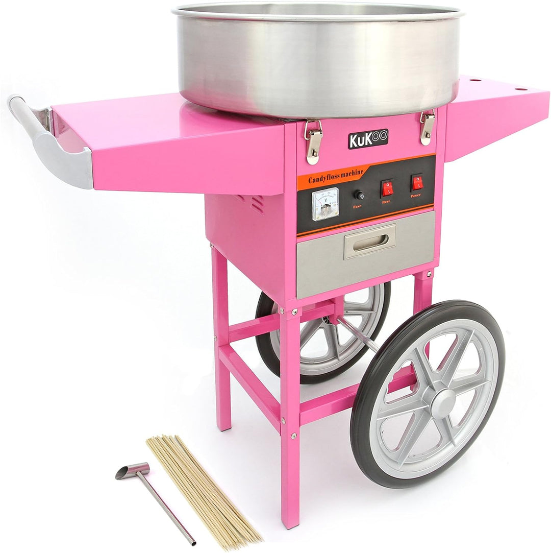 KuKoo Rosa Zuckerwattemaschine Zuckerwattegerät Zuckerwatte mit Wagen, Schubfach und 500 Holzstäbche