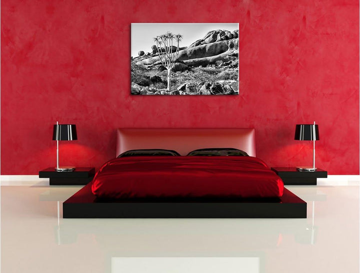 Pixxprint Monocrome, aussergewöhnlicher Baum im Steingebirge, Format: 100x70 auf Leinwand, XXL riesi