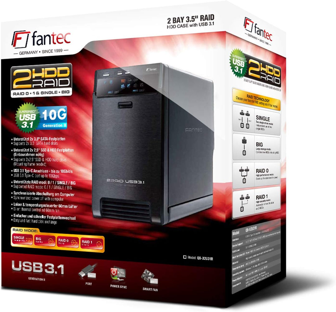 FANTEC QB-X2U31R USB3.2 Gen2 RAID Festplattengehäuse für 2x SATA 3,5/2,5 Zoll HDDs oder SSDs, Transf