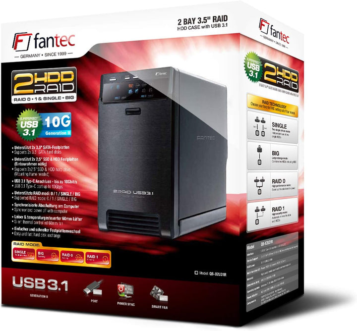 FANTEC QB-X2U31R USB3.2 Gen2 RAID Festplattengehäuse für 2x SATA 3,5/2,5 Zoll HDDs oder SSDs, Transf