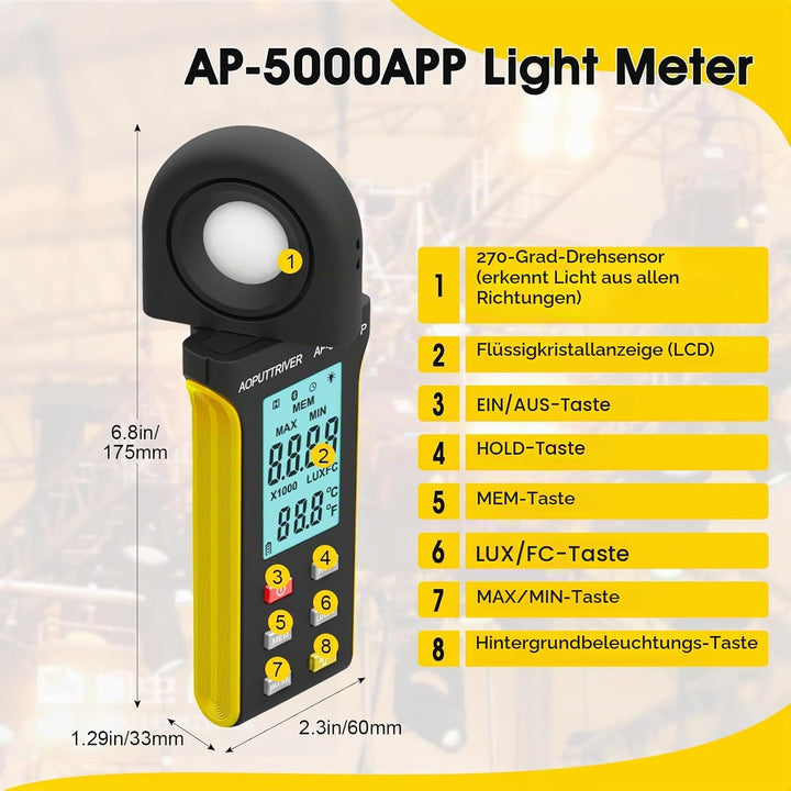 AP-5000APP Digital Luxmeter, Lichtmessgerät Messen 0,1~400.000 Lux Fusskerzen mit 270º Drehbarem Sen