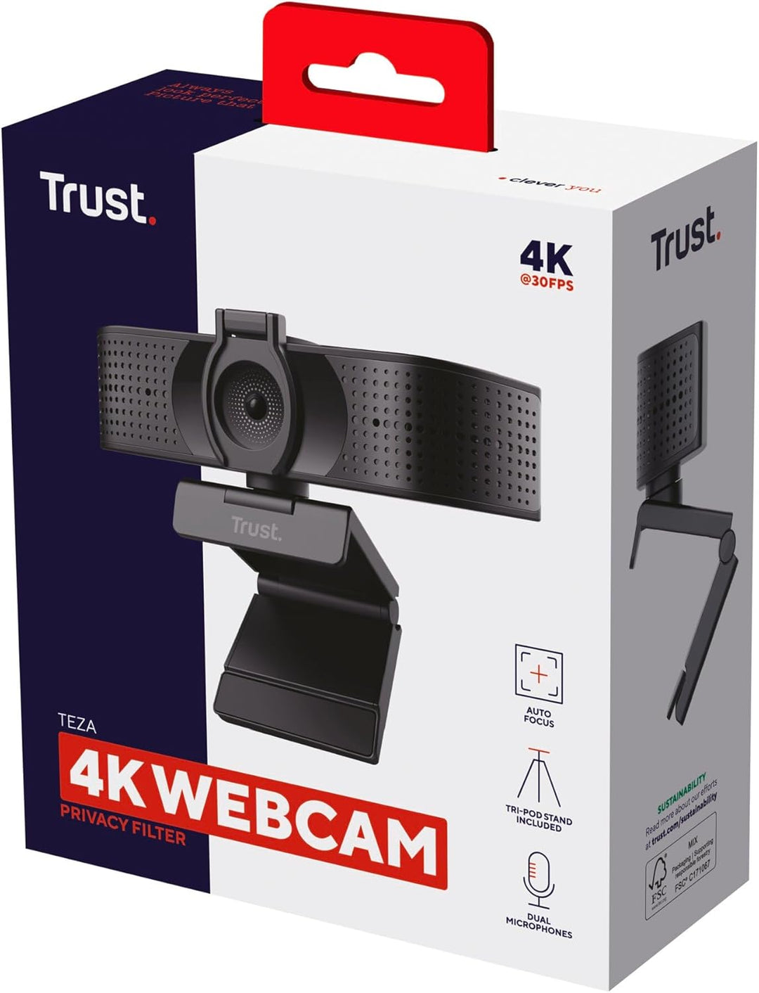 Trust Teza 4K Ultra HD Webcam, 3840x2160 mit 2 Mikrofonen und Autofokus, 30 FPS, USB Plug & Play, We