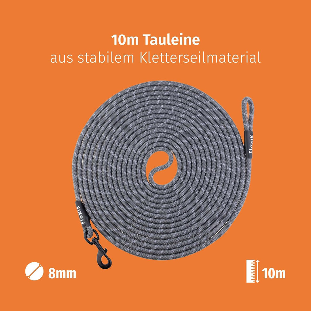 Floxik Schleppleine für Hunde | 5m, 10m, 15m, 20m grau | reflektierende Tauleine mit Abnehmbarer Han