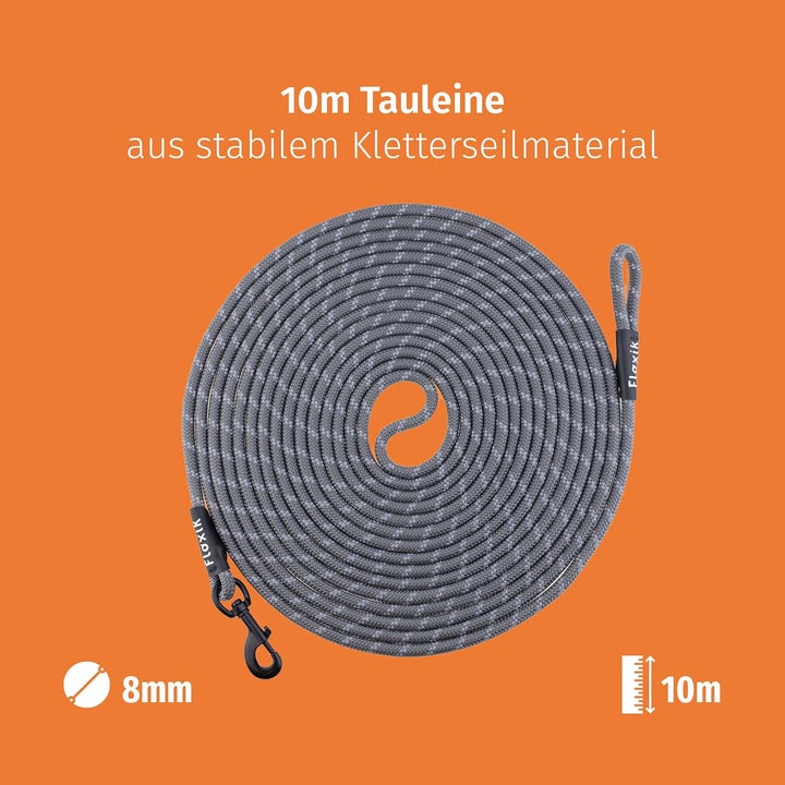 Floxik Schleppleine für Hunde | 5m, 10m, 15m, 20m grau | reflektierende Tauleine mit Abnehmbarer Han