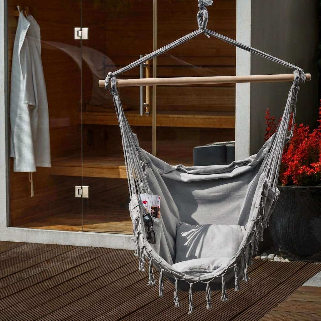 BOGATECO Hängesessel mit 2 Kissen | Hängestuhl für Erwachsene &amp; Kinder | Belastbar bis 150 kg | Häng