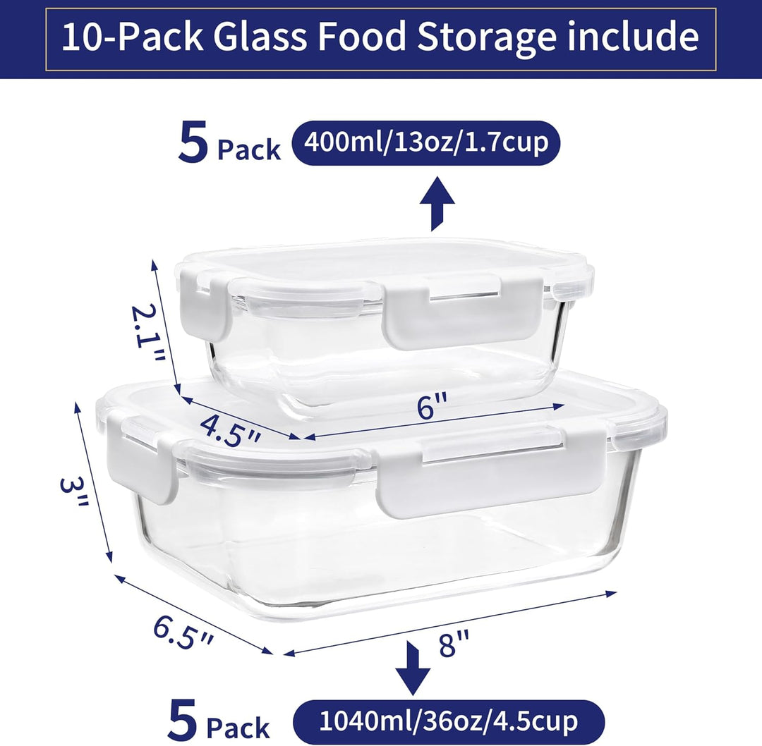 MFY 10er-Set (1040ml & 400ml) Glasbehälter mit Deckel Set, Meal Prep Boxen Glas Frischhaltedosen Gla