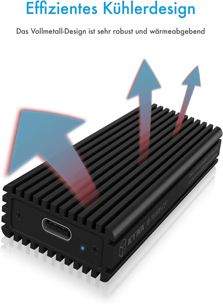 ICY BOX M.2 NVMe SSD Gehäuse, USB-C 3.1 Anschluss (Gen2, 10 Gbit/s), PCIe M-Key, Aluminium, schwarz