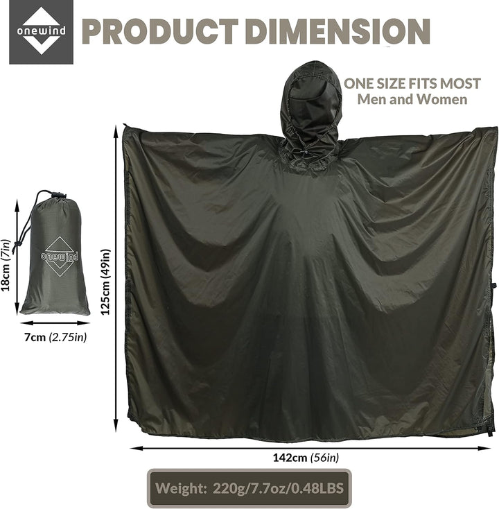 onewind Rucksack Regen Poncho Ultraleichte Kapuze Regenmantel S Olive Grün-226cm*142cm, S Olive Grün