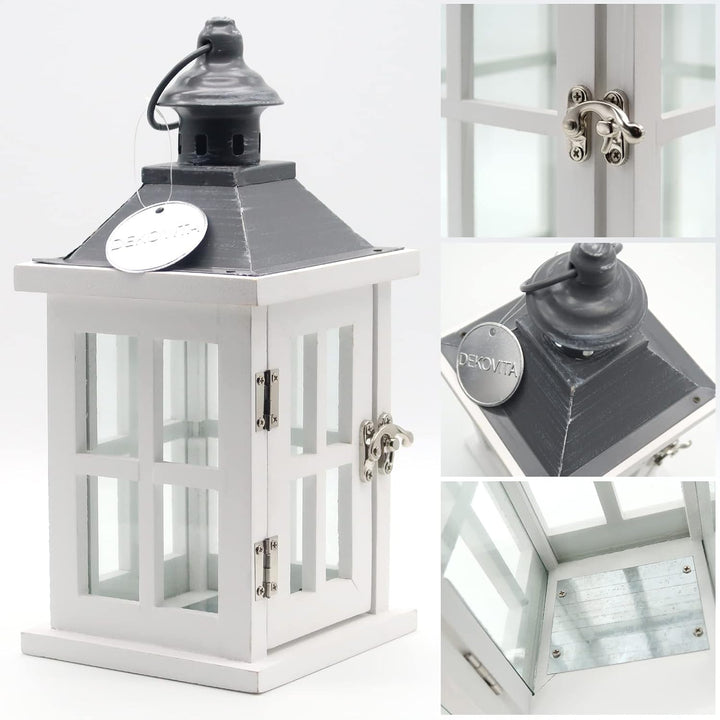Dekovita 27cm Holz-Laterne Weiss - Gartenlaterne mit Glas-Scheiben Henkel - Windlicht Deko-Laterne N