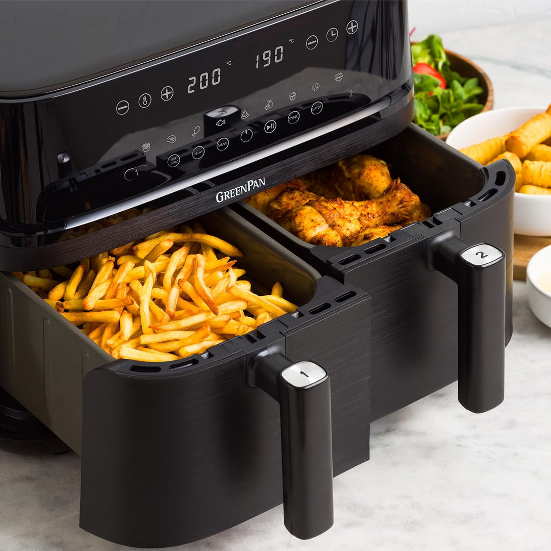 GreenPan Switch 9-in-1 XL Air Fry Ofen, 2 Frittierkörbe (2 x 5L), Antihaftbeschichteter Korb,Schnell
