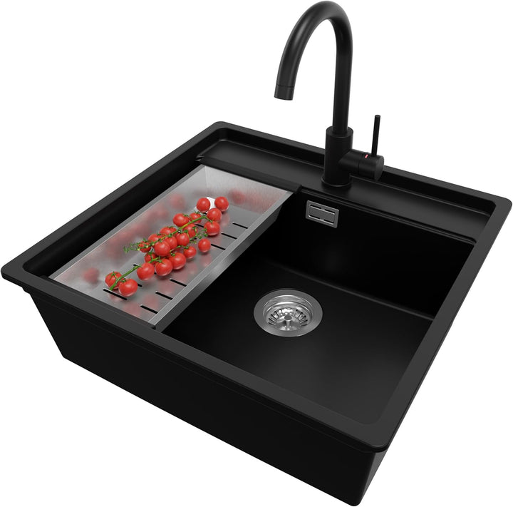 PRIMAGRAN Granitspüle Schwarz 56x53cm, Eckspüle 1 Becken + Ablauf-Set + Küchenarmatur 32x20cm, Küche