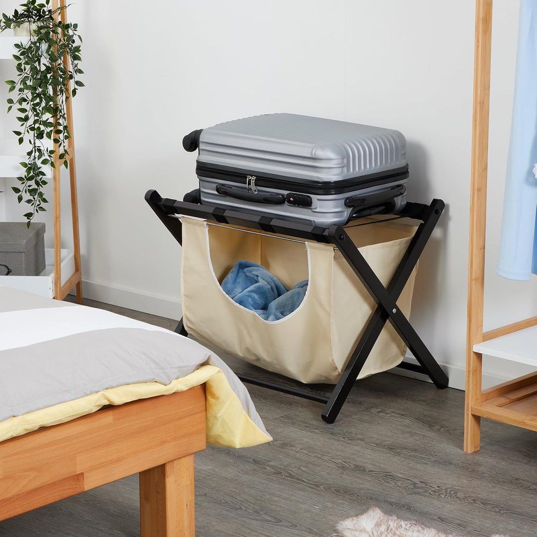 Relaxdays Kofferständer, klappbar, Holz, HxBxT: 52 x 68 x 47 cm, Gepäckständer mit Wäschesack, Hotel