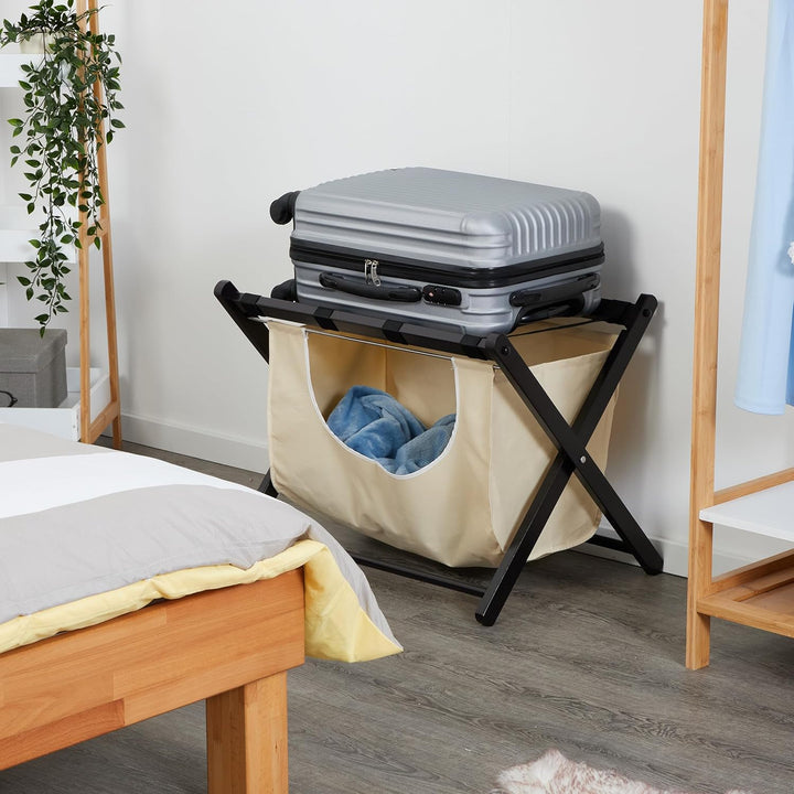 Relaxdays Kofferständer, klappbar, Holz, HxBxT: 52 x 68 x 47 cm, Gepäckständer mit Wäschesack, Hotel
