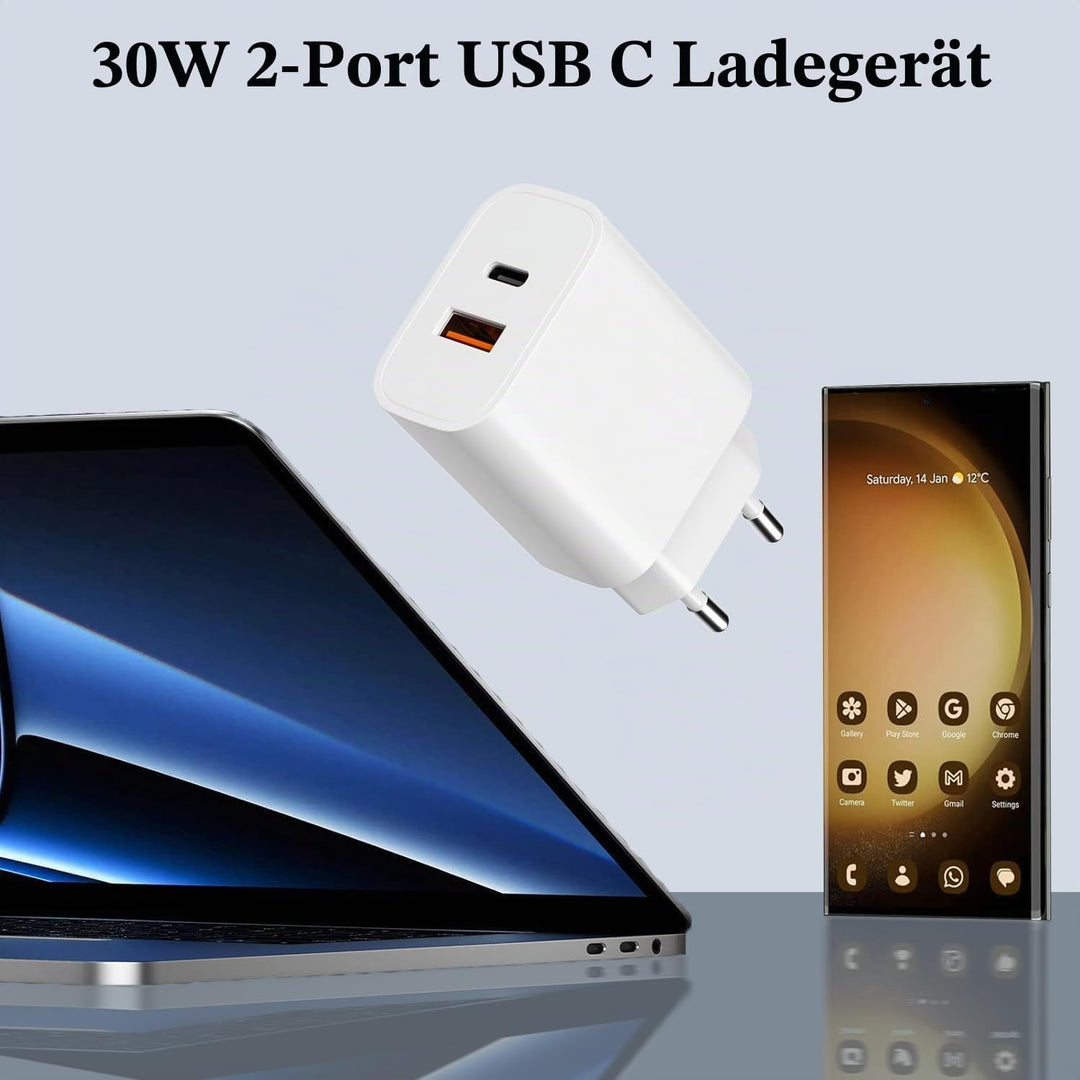 [3 Stück] 30W USB C Ladegerät + Schnellladekabel, 2-Port Schnellladegerät mit 1.8M Ladekabel，USB Ste
