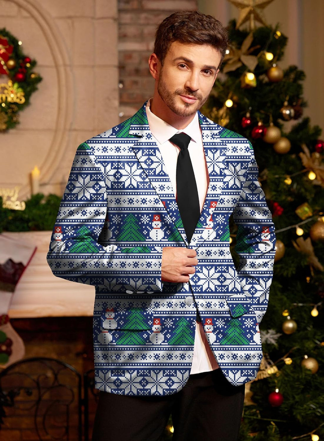 BesserBay Herren Weihnachtsblazer Bedruckte Langarm Anzugjacke Xmas Kostüm Blazer Slim Fit Blazer Fr