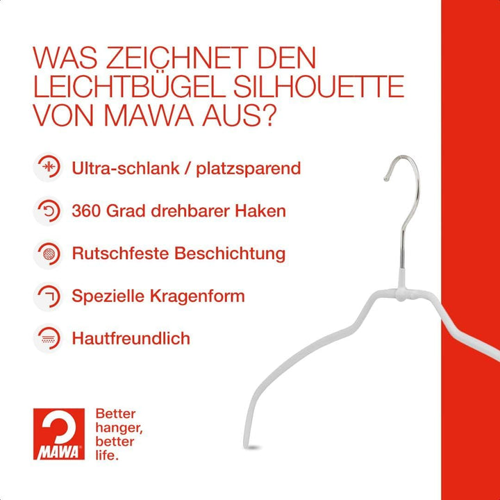 MAWA Kleiderbügel Light, Set mit 20 50% platzsparenden und rutschfesten Bügeln, ideal für Hemden und