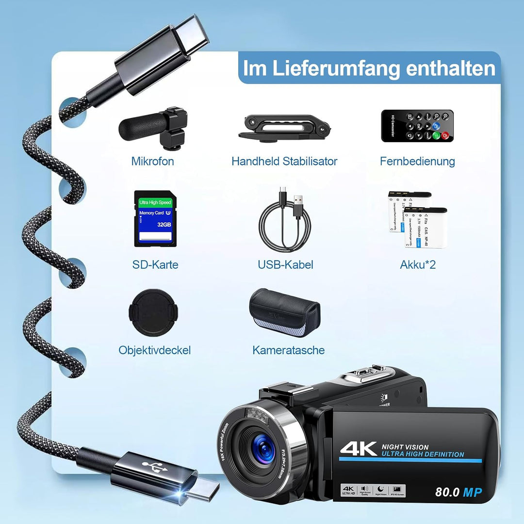 Videokamera 4K Camcorder, HD 80MP 30FPS IR Nachtversion Vlogging Kamera, 3.0-Zoll IPS Bildschirm 18X