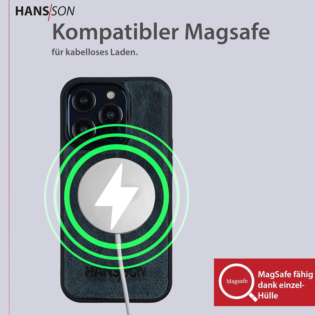 HANS/SON Klappbare Echtlederhülle in Petrol | iPhone 14 Pro Max Ledercase mit Kartenfächern | Lederh