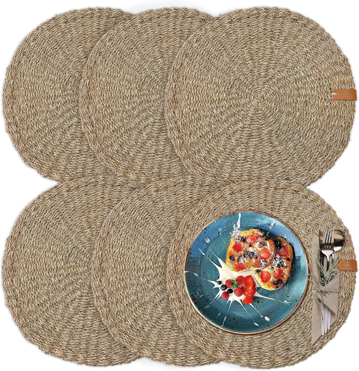 FRIHET® Platzsets rund aus Seegras für Tischdeko | Platzdeckchen für den Esstisch | 6er Tischset Nat