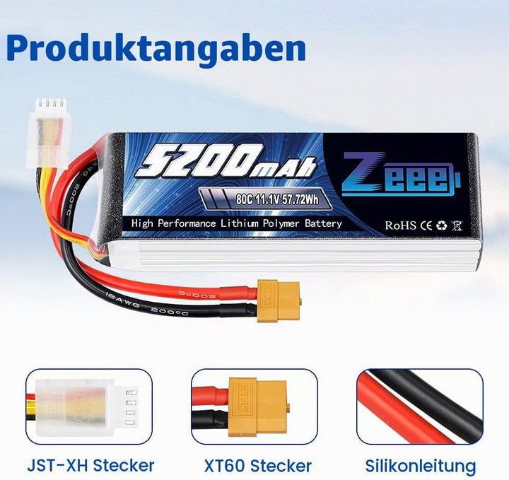 Zeee 3S LiPo Akku 5200mAh 11,1V 80C mit XT60 Steck für RC Auto, RC Flugzeug, RC Hubschrauber, RC Hob