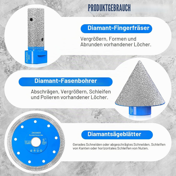Diamant Fliesenbohrer Set-13 Teilig 6/6/8/10/12/20/35/50/68mm Diamantbohrer und Diamantscheibe 125mm