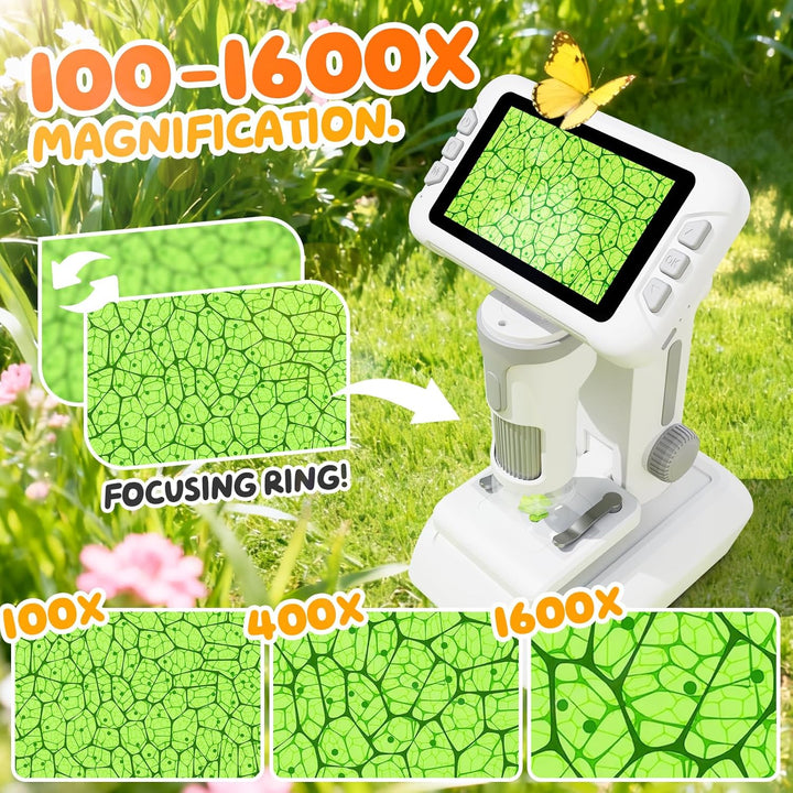 1600X Mikroskop für Kinder, 4K 4,0" IPS-Bildschirm Kinder Mikroskop mit Foto-und Videoaufnahme, Wiss