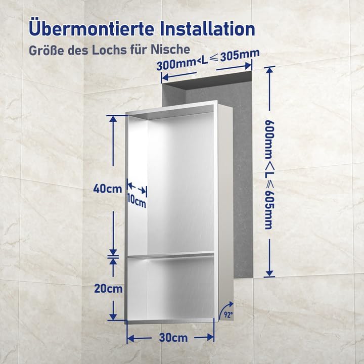 Bernkot Wandnische 304 Edelstahl Gebürstete Duschnische 60 x 30 cm Doppelregale Versenkte Nische Dus
