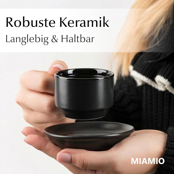 MIAMIO - 6 x 75 ml Espressotassen Set/Espresso Tassen Set mit Untertasse & Ständer - Kaffeetassen Se