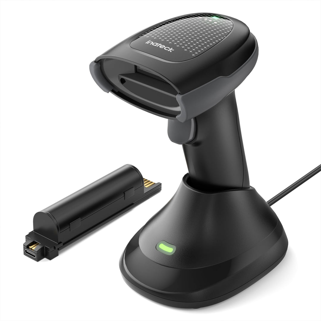 Inateck Barcode Scanner Kabellos 2D PDF417, QR Code Scanner mit 2 x 2000mAh Austauschbaren Akkus, mi
